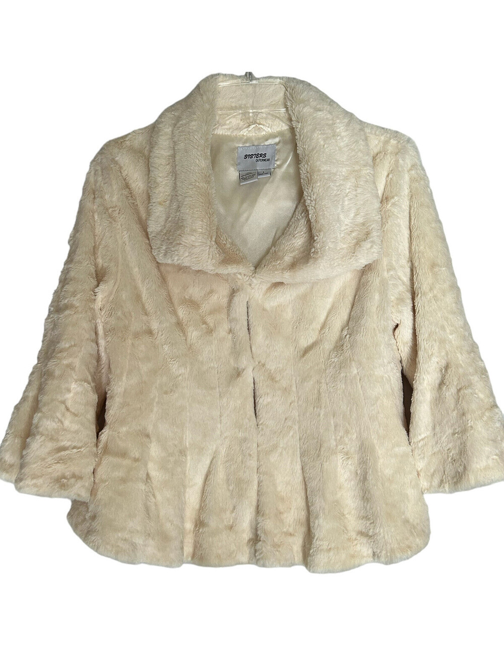 Sisters Outerwear Antique White Faux Fur Jacket 3/4 Sleeve Size Junior L-EUC